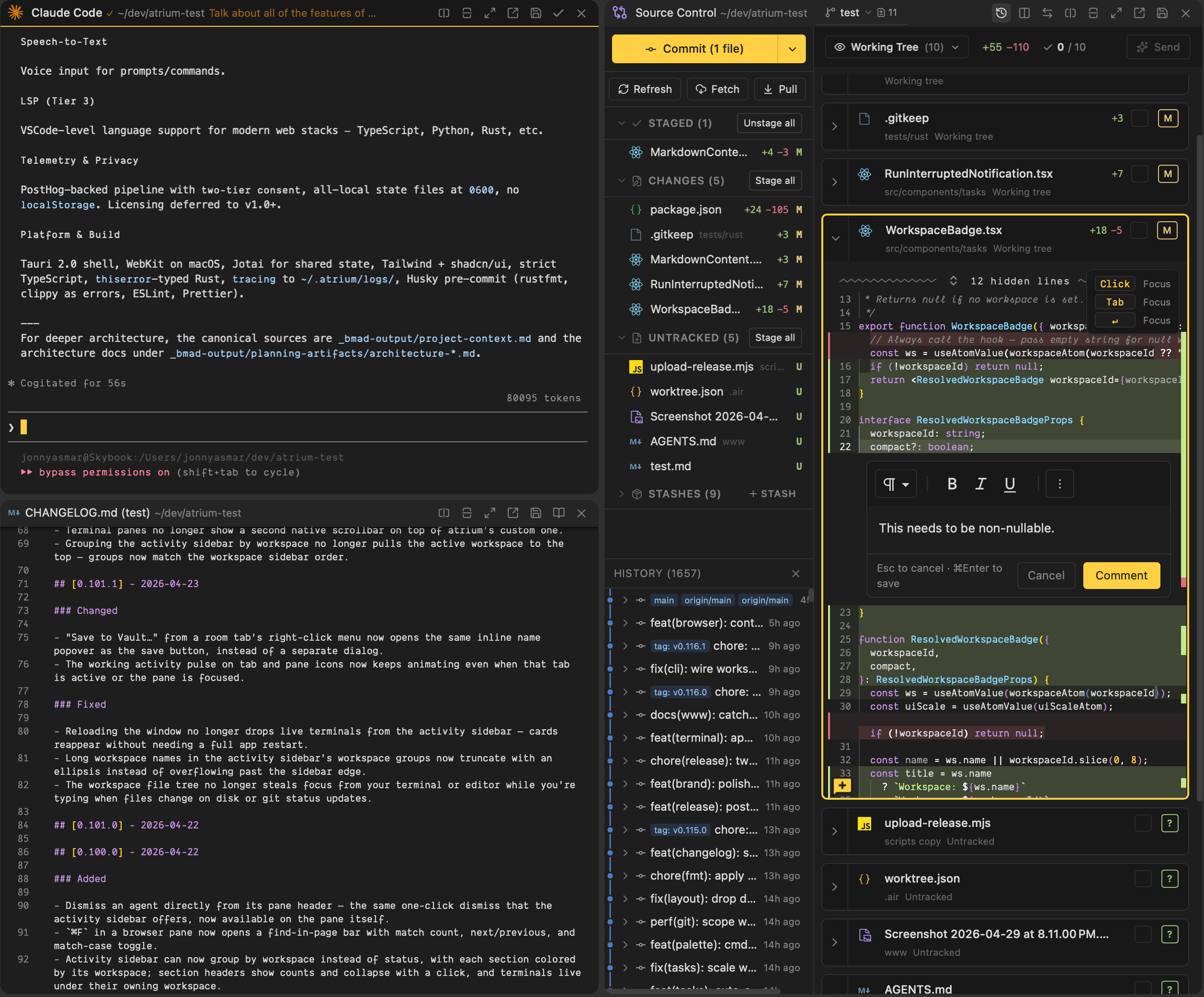 atrium workspace showing a Claude Code agent pane next to a source-control pane and a code editor