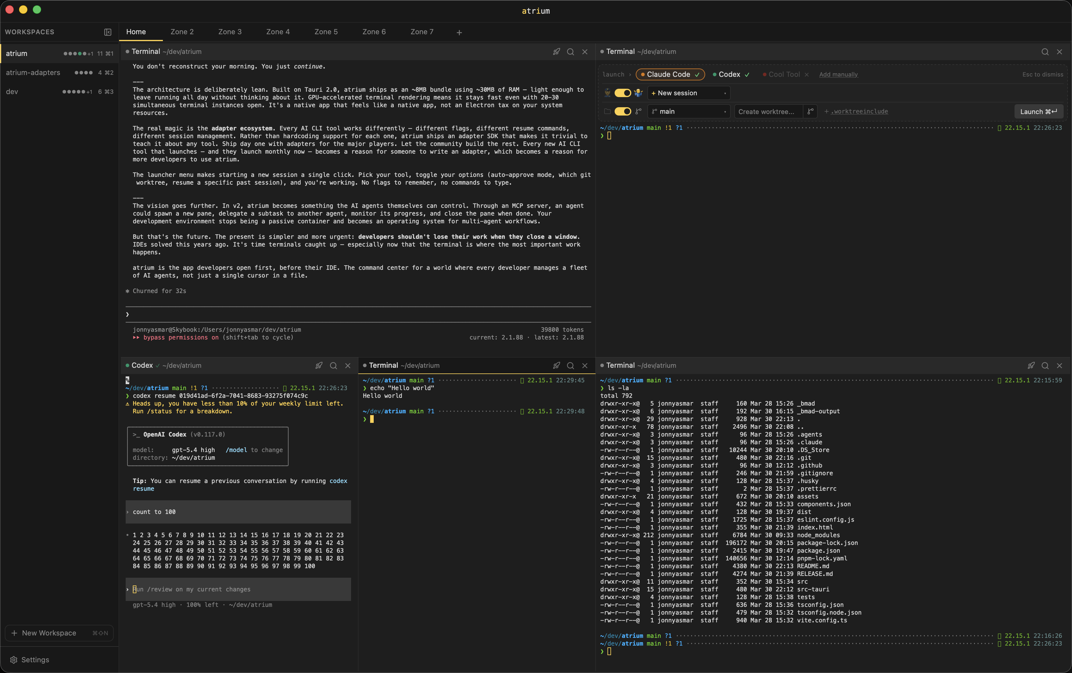 atrium workspace — multiple panes, file browser, agents, and git panel